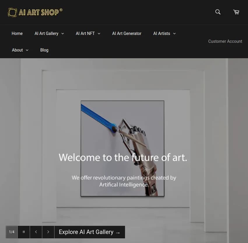 Screenshot of app AI Art Shop : Découvrez AI Art Shop, l'application web révolutionnaire qui utilise l'IA pour créer, personnaliser et authentifier des œuvres d'art uniques et des NFTs. 