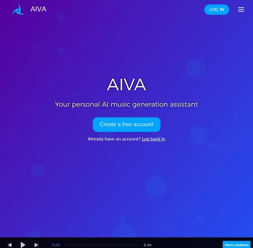 Screenshot of app Aiva : Découvrez Aiva, votre assistant personnel d'intelligence artificielle pour la génération de musique. Connectez vos outils et laissez libre cours à votre créativité musicale!