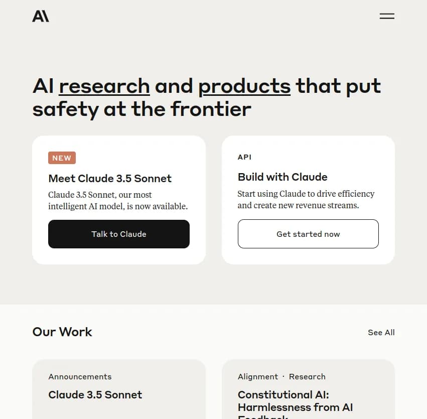 Screenshot of app Anthropic : Découvrez Anthropic : la recherche et les produits d'IA qui placent la sécurité à l'avant-garde. Connectez les outils, ajoutez des précisions, et créez librement!