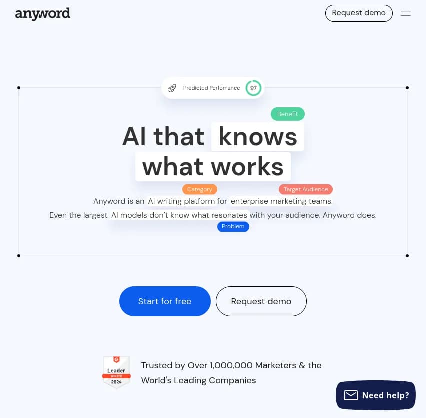 Screenshot of app Anyword : Découvrez Anyword, la plateforme d'écriture AI pour les équipes marketing. Connectez les outils et créez des contenus impactants qui résonnent avec votre audience. Inventez tout!