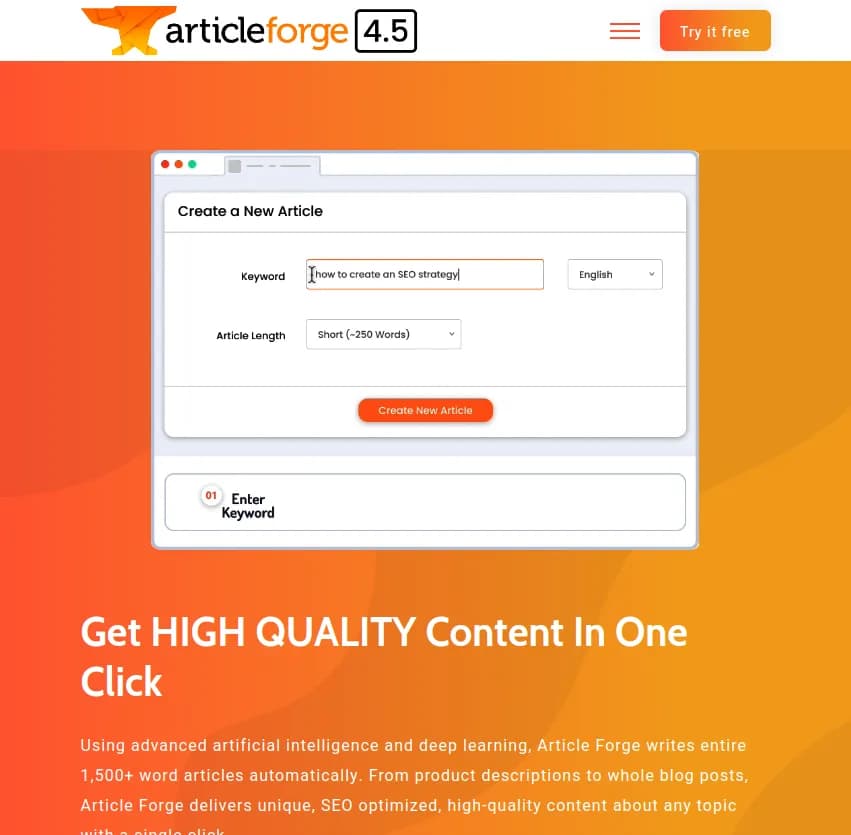 Screenshot of app Article Forge : Générez des articles uniques et optimisés SEO en un clic avec Article Forge, l'outil innovant d'intelligence artificielle pour du contenu de qualité supérieure rapidement.