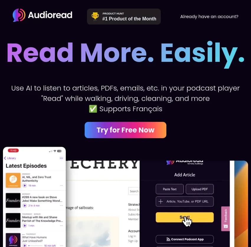Screenshot of app Audioread : Découvrez Audioread, votre compagnon de lecture audio. Transformez articles, PDFs et emails en podcasts et "lisez" en marchant, en conduisant ou en faisant le ménage. Supports Français inclus.