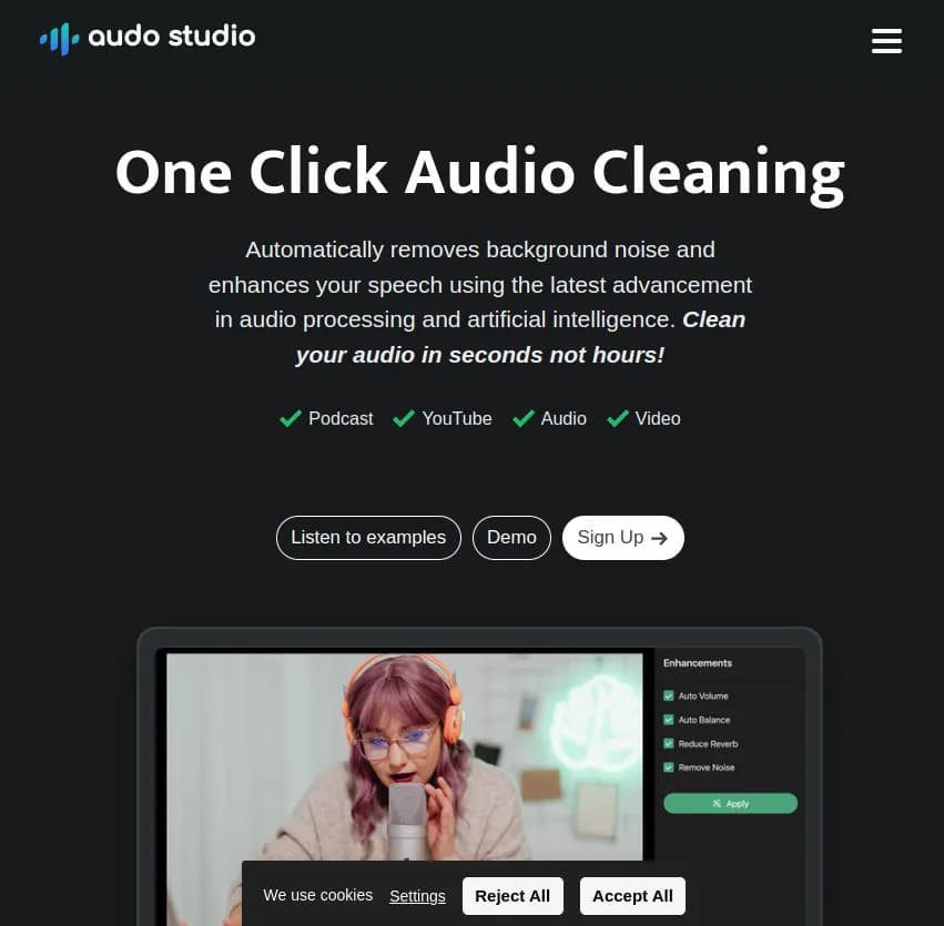 Screenshot of app Audo : Nettoyez votre audio en un clic avec Audo. Supprimez le bruit de fond et améliorez votre voix grâce à l'IA avancée. Transformez des heures de travail en quelques secondes!