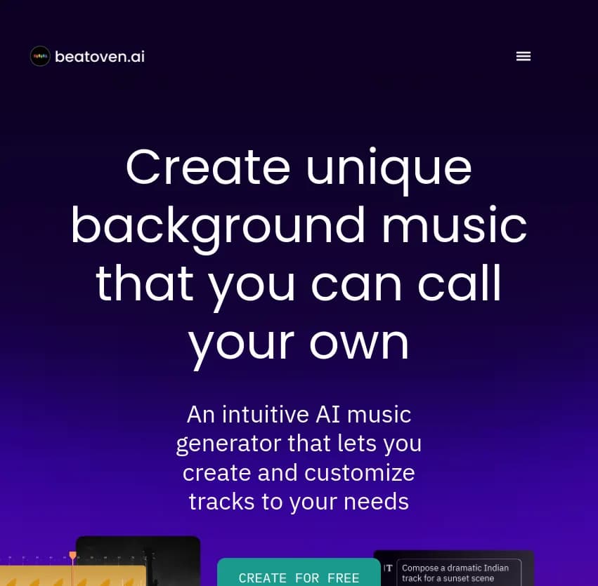 Screenshot of app Beatoven : Découvrez Beatoven, l'outil ultime pour créer une musique libre de droits unique qui sublime vos histoires. Composez facilement une ambiance sonore sur mesure pour vos vidéos ou podcasts avec l'IA avancée.