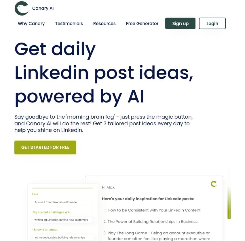 Screenshot of app Canary AI : Obtenez des idées de publications LinkedIn quotidiennes grâce à Canary AI. Dites adieu à la panne d'inspiration matinale, appuyez sur le bouton magique et démarquez-vous!