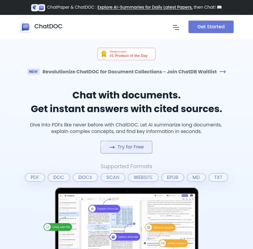 Plongez dans vos documents avec ChatDOC. Obtenez des réponses instantanées, des résumés intelligents et des explications claires. Découvrez une nouvelle façon d'explorer vos PDFs!
