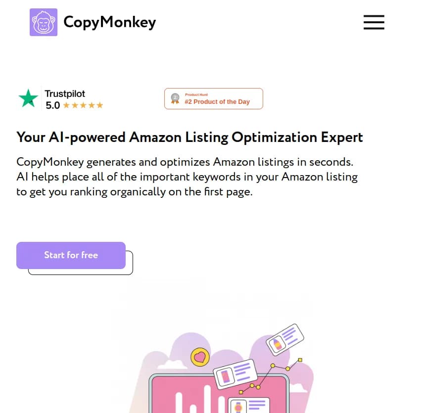 Screenshot of app Copy Monkey : Optimisez vos annonces Amazon en quelques secondes avec Copy Monkey, votre expert IA en référencement. Augmentez vos fiches produits et atteignez la première page organique!