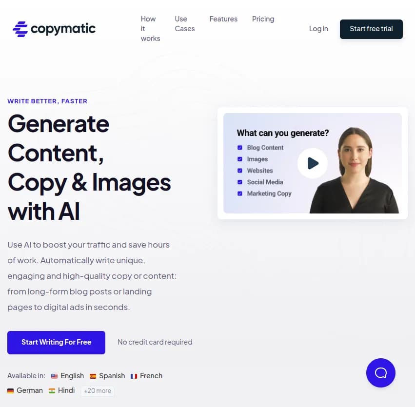 Screenshot of app Copymatic : Boostez votre trafic avec Copymatic et économisez des heures de travail. Créez automatiquement du contenu unique et attrayant en quelques secondes grâce à l'intelligence artificielle.