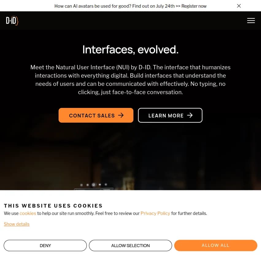 Screenshot of app D-ID : Découvrez D-ID, l'interface naturelle qui humanise vos interactions numériques. Créez des interfaces intuitives sans clics ni frappes, pour des échanges aussi naturels que des conversations en face-à-face.