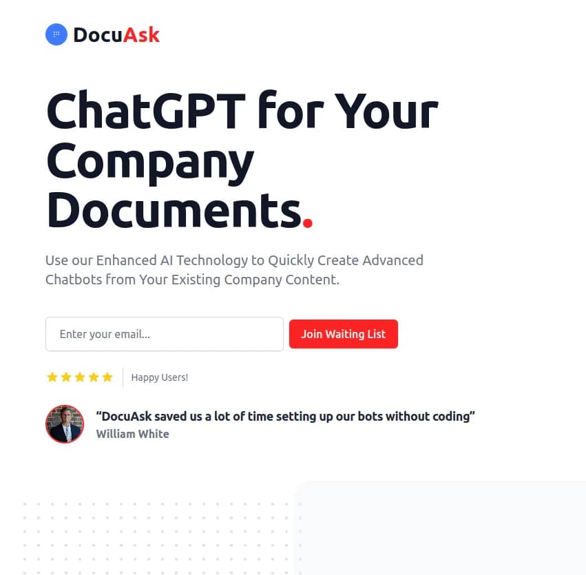 DocuAsk : Transformez vos documents d'entreprise en chatbots avancés grâce à notre technologie IA améliorée. Créez rapidement des assistants intelligents et dynamisez votre entreprise !