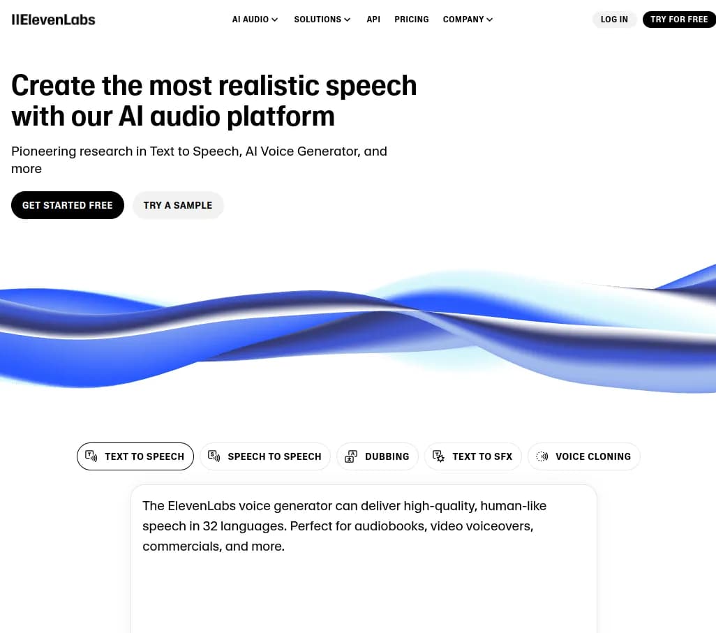 Screenshot of app Eleven Labs : Découvrez Eleven Labs, l'outil idéal pour générer des voix IA naturelles en quelques secondes. Parfait pour les créateurs de vidéos, développeurs et entreprises. Transformez du texte en parole facilement.