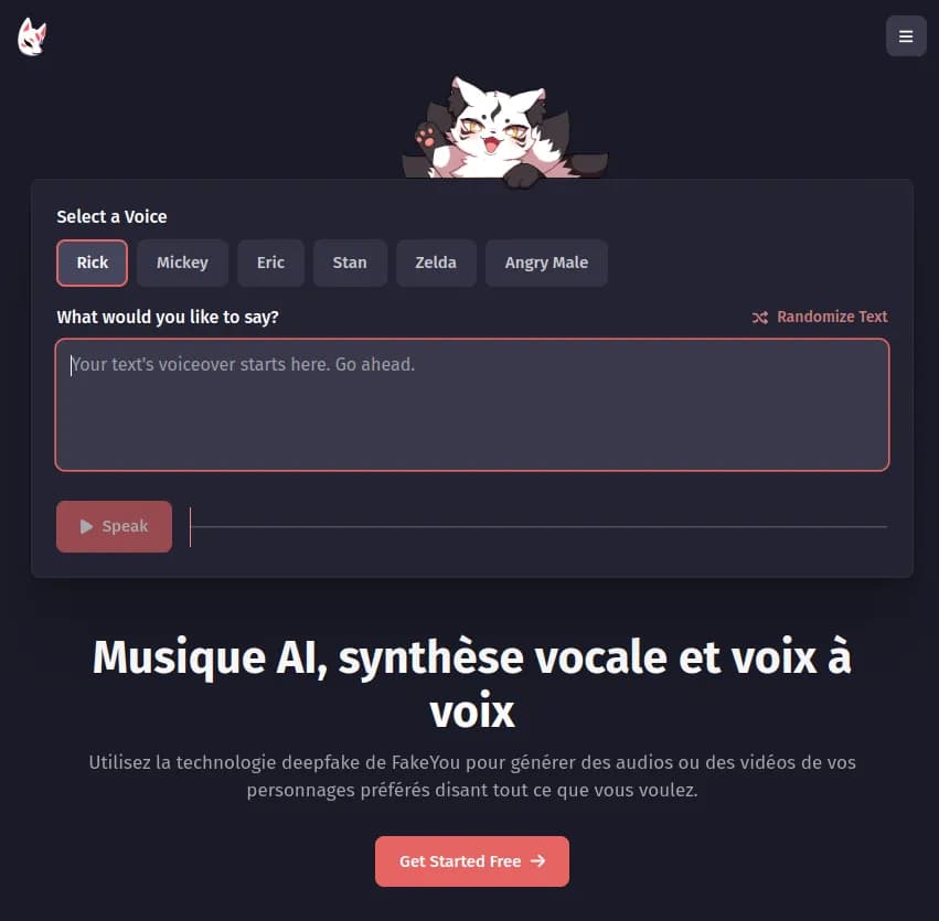 Screenshot of app Fake You : Découvrez FakeYou : l'outil ultime de synthèse vocale et deepfake pour créer des voix et vidéos personnalisées. Libérez votre créativité et faites parler vos personnages préférés avec aisance !