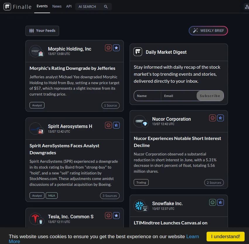 Screenshot of app Finalle : Découvrez Finalle, l'outil AI qui révolutionne votre prise de décision avec des actualités boursières de pointe. Optimisez votre parcours client et conformité avec des informations percutantes.