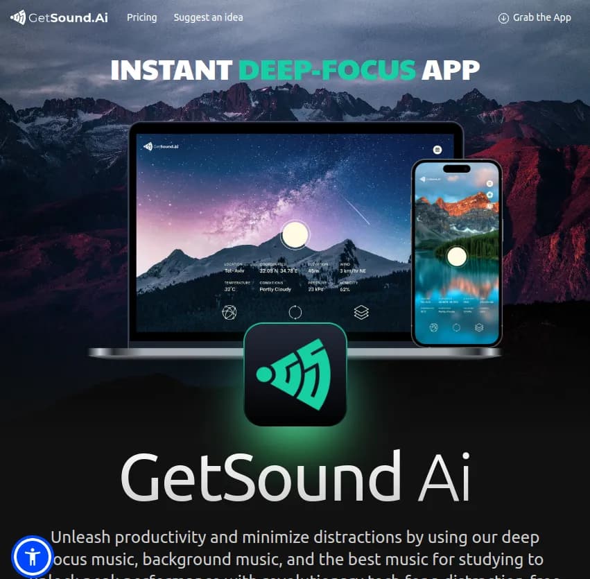 Screenshot of app Get Sound : Boostez votre productivité avec Get Sound : musique de fond et de concentration pour un travail sans distraction. Découvrez notre techno révolutionnaire et transformez votre workflow !