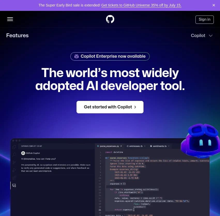 Screenshot of app GitHub Copilot : Découvrez GitHub Copilot, l'assistant IA de développement logiciel. Compatible avec VS Code, JetBrains et Neovim, il booste votre productivité !