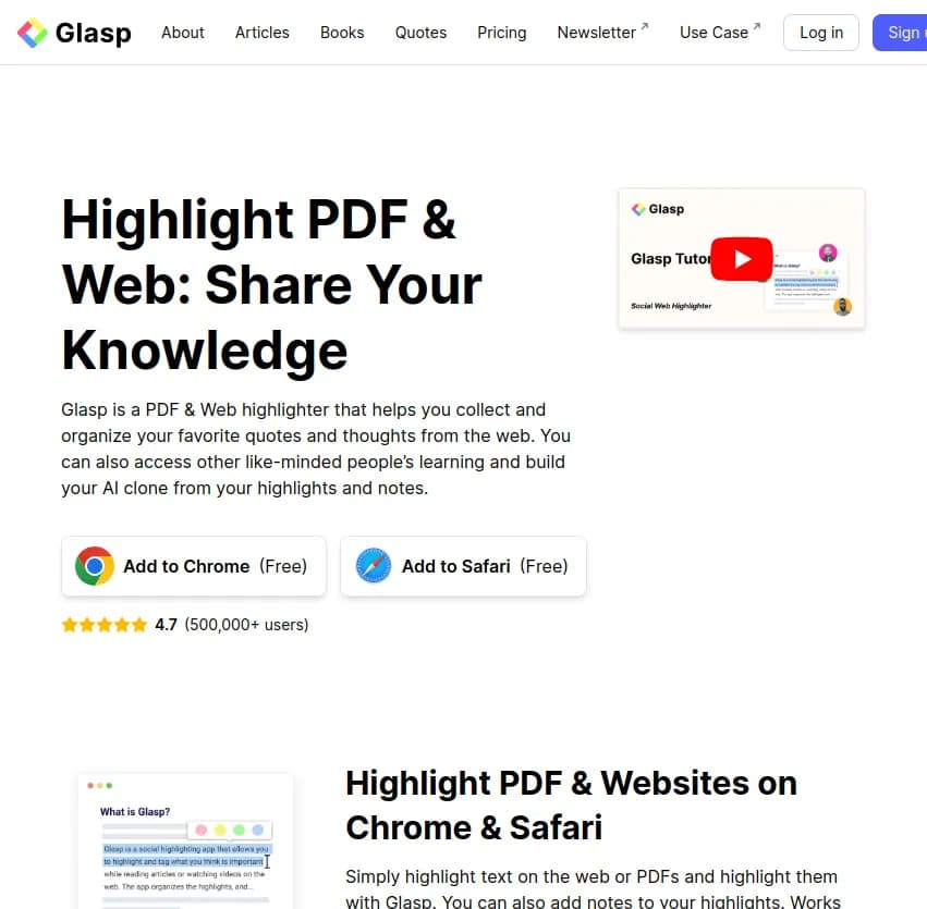 Screenshot of app Glasp : Glasp permet de surligner des PDF et pages web pour organiser et partager vos citations favorites. Rejoignez des esprits similaires, connectez vos outils et construisez votre clone AI dès maintenant!