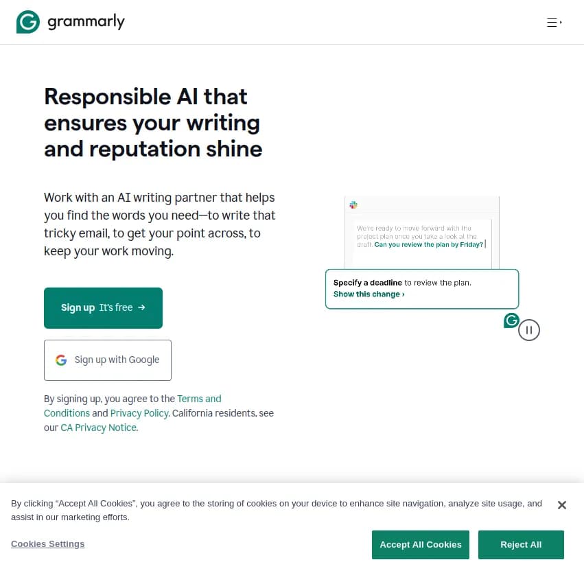 Screenshot of app Grammarly : Grammarly : L'IA responsable qui fait briller votre écriture et votre réputation. Trouvez les mots justes pour chaque situation⁠—email difficile, argument percutant⁠—et maintenez votre élan.