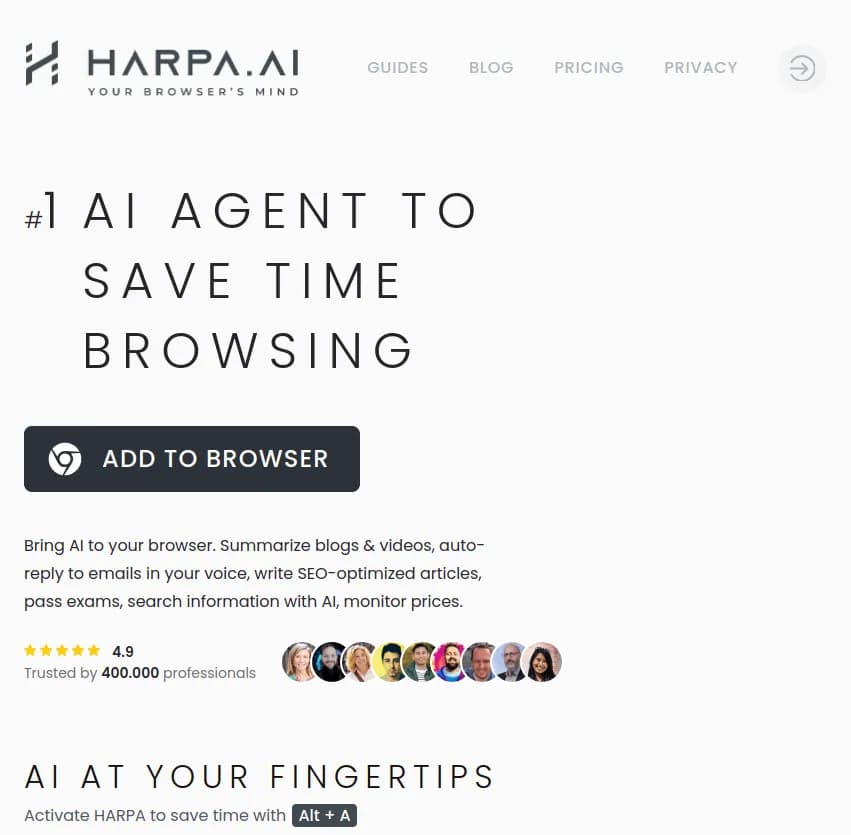 Screenshot of app Harpa : Découvrez Harpa, votre agent d'automatisation IA pour Chrome. Connectez et personnalisez vos outils pour inventer et optimiser votre flux de travail comme jamais auparavant.