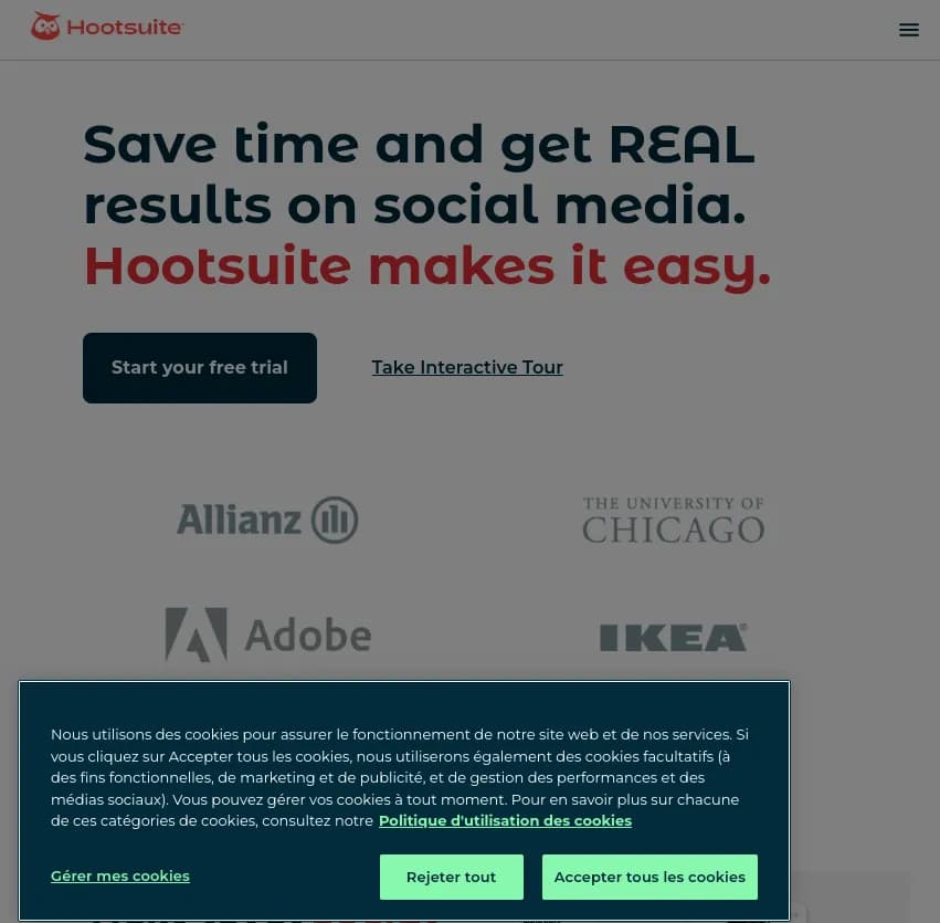 Screenshot of app Hootsuite : Gagnez du temps et obtenez des résultats concrets sur les réseaux sociaux avec Hootsuite, l'outil parfait pour optimiser et gérer vos comptes facilement.