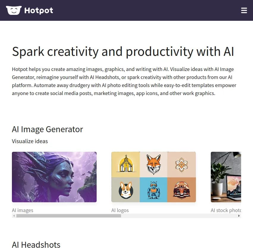 Screenshot of app Hotpot : Boostez votre créativité et productivité avec Hotpot. Créez des images, graphiques et écrits impressionnants grâce à l'IA. Simplifiez vos tâches avec des outils d'édition photo et plus encore.