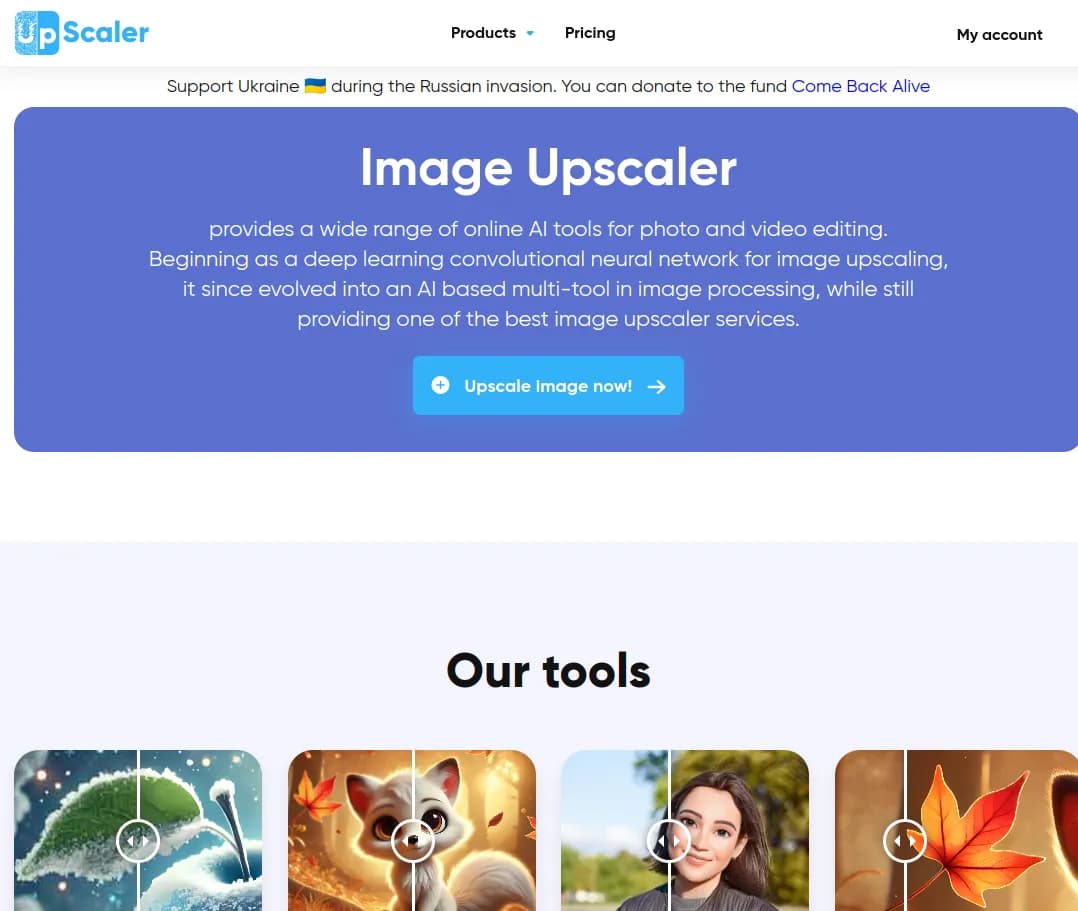 Screenshot of app Image Upscaler : Découvrez Image Upscaler, votre allié AI pour l'édition photo et vidéo. Transformez et améliorez vos images avec des outils performants basés sur des réseaux neuronaux de pointe.