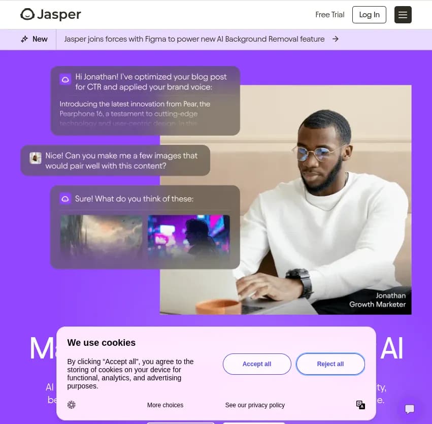 Screenshot of app Jasper : Révolutionnez votre marketing avec Jasper, l'assistant IA parfait pour des résultats exceptionnels. Découvrez comment cette solution peut transformer votre équipe et vos stratégies.