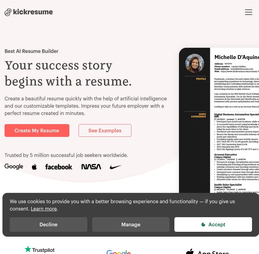 Screenshot of app Kickresume : Créez un CV parfait en quelques minutes avec Kickresume, l'outil ultime alimenté par l'IA et des modèles personnalisables pour impressionner les employeurs. démarrez votre succès dès maintenant!