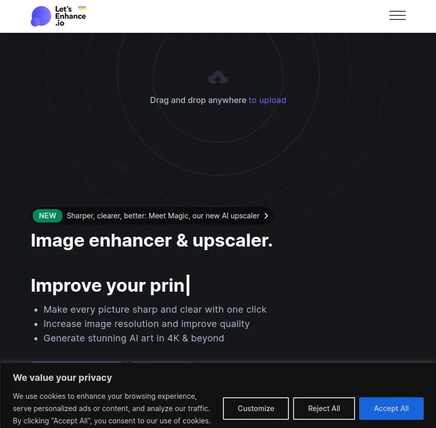 Screenshot of app Lets Enhance : Améliorez et agrandissez vos photos en un clic avec Lets Enhance. Obtenez des images nettes et claires, augmentez la résolution et créez des œuvres d'art en 4K et au-delà.