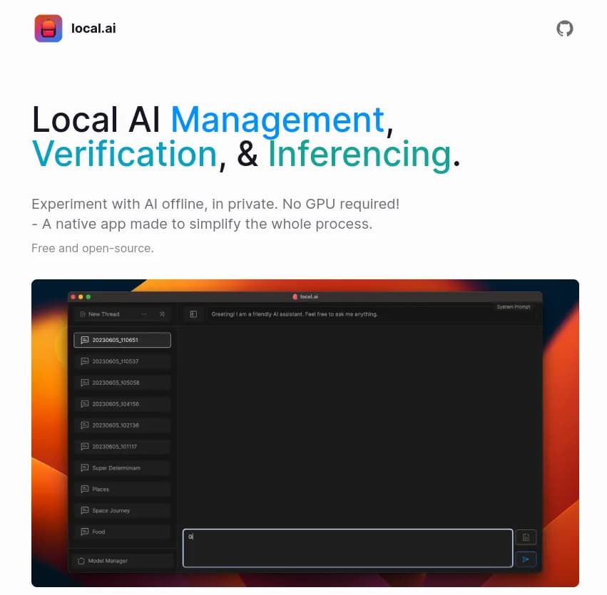 Screenshot of app Local AI : Découvrez Local AI, votre outil de gestion, vérification et inférence d'IA en local. Expérimentez en toute confidentialité et sans GPU requis, grâce à cette application native simplifiée.