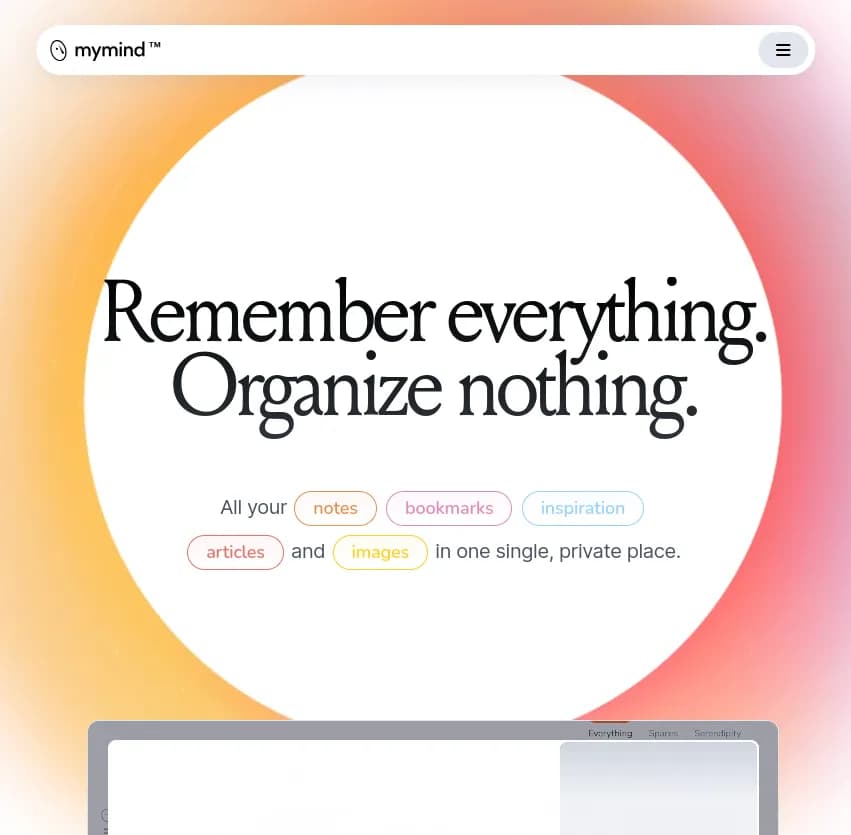 Screenshot of app Mymind : Mymind : Rappelez-vous tout sans effort ! Centralisez vos notes, favoris, inspirations, articles et images en un seul lieu privé.Organisez moins, créez plus!
