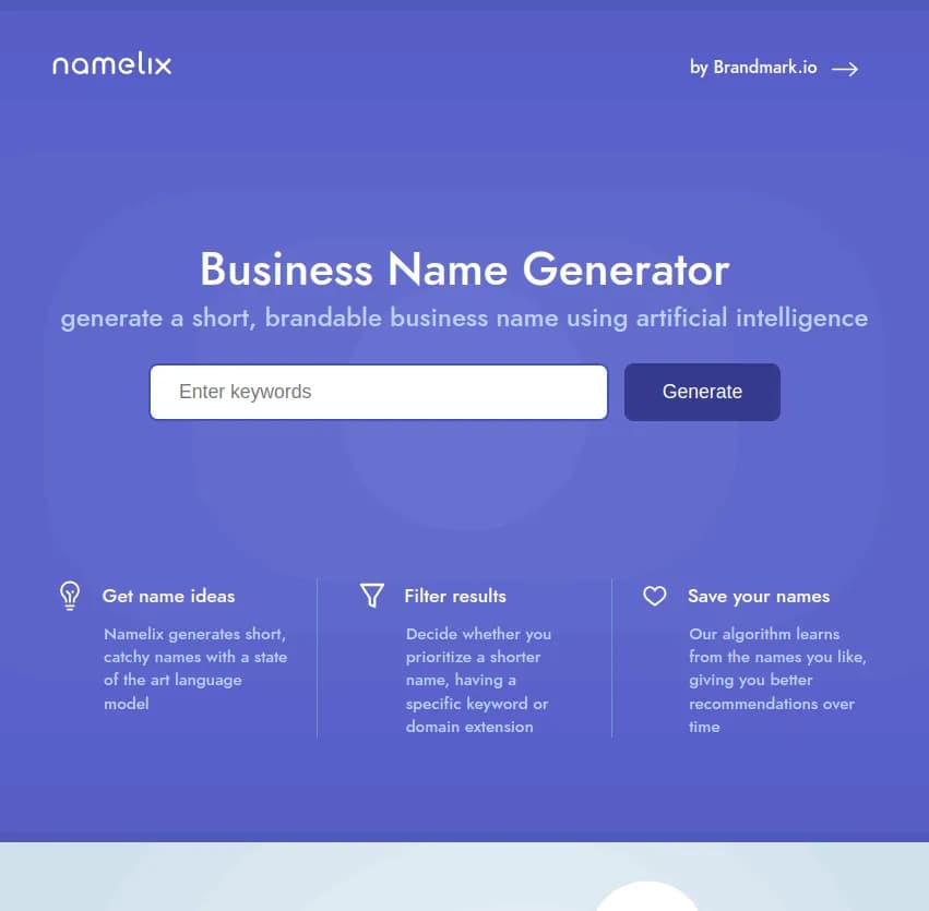 Screenshot of app Namelix : Découvrez Namelix, le générateur de noms d'entreprise puissant et intelligent qui crée des noms de marque uniques en un clin d'œil grâce à l'intelligence artificielle.