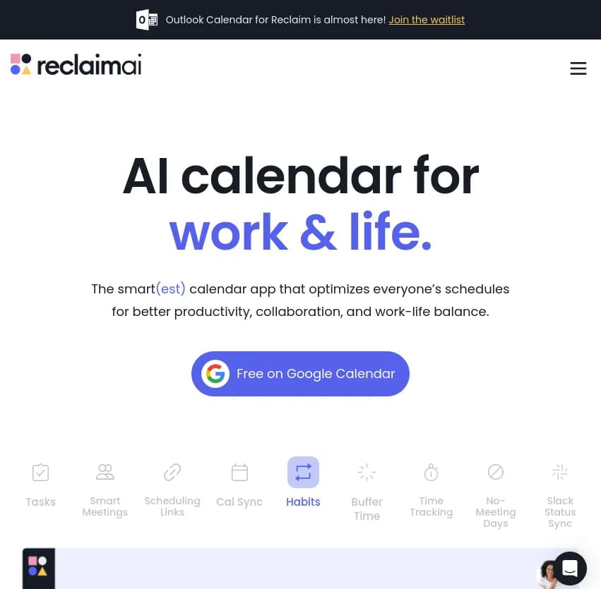 Screenshot of app Reclaim : Optimisez votre productivité avec Reclaim, l'outil d'IA qui planifie vos réunions et tâches. Boostez la collaboration et trouvez l'équilibre entre travail et vie privée.