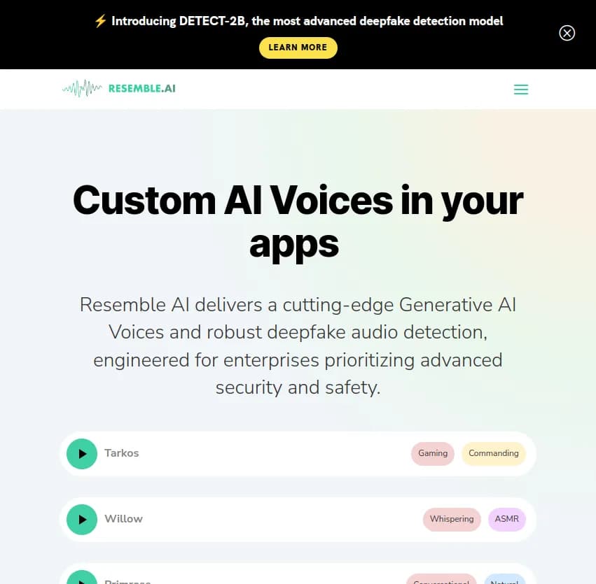 Screenshot of app Resemble : Découvrez Resemble, le générateur de voix IA de pointe, parfait pour les entreprises cherchant sécurité et performance. Créez des voix réalistes et détectez les deepfakes audio facilement.