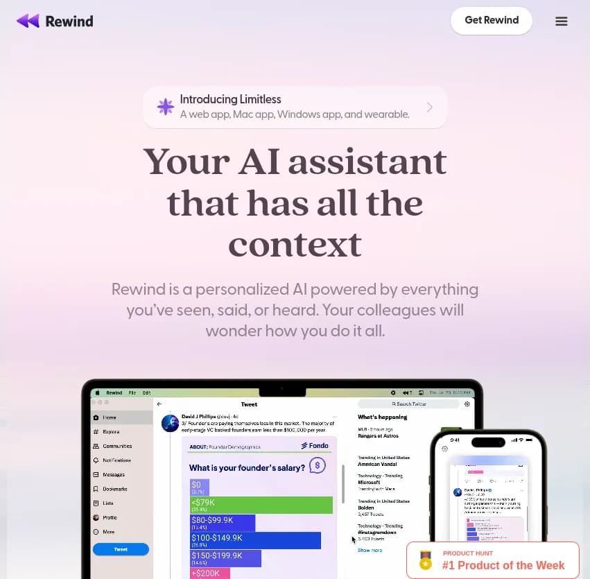 Screenshot of app Rewind : Découvrez Rewind, votre assistant AI personnalisé. Tout ce que vous avez vu, dit ou entendu est à portée de main. Impressionnez vos collègues avec Rewind!