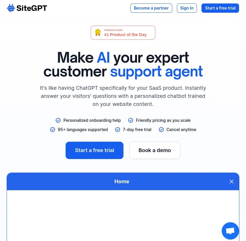 Screenshot of app Site GPT : Découvrez Site GPT : votre agent de support client IA personnalisé. Répondez instantanément aux questions de vos visiteurs avec un chatbot formé sur le contenu de votre site web.