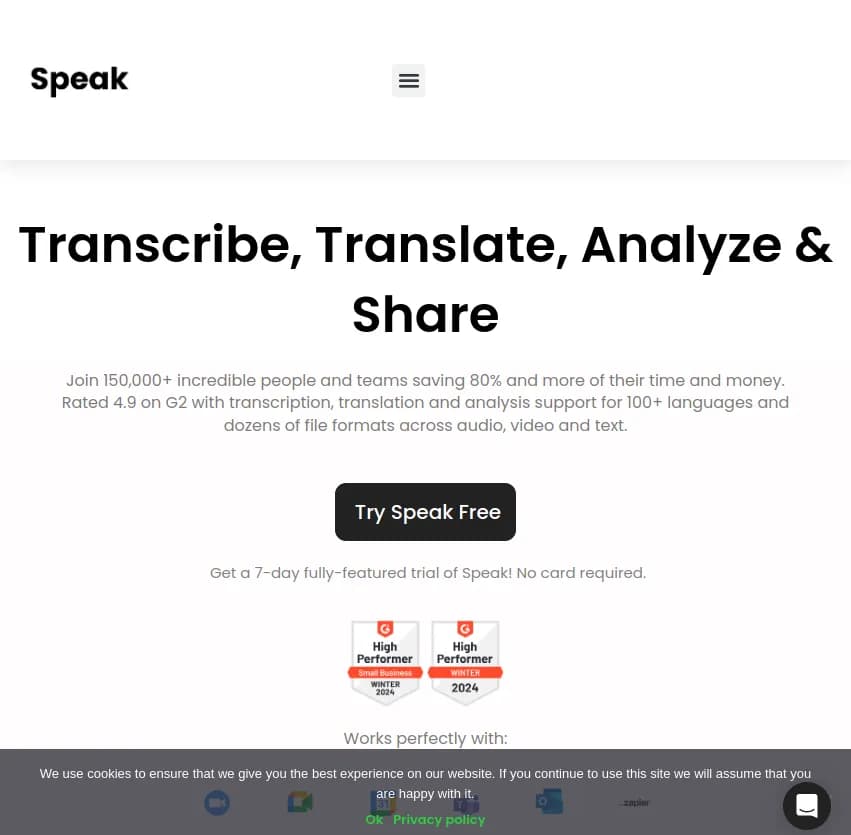 Screenshot of app Speak AI : Découvrez Speak AI, l'assistant de réunion IA incontournable pour analyser vos données qualitatives et améliorer vos décisions. Rejoignez plus de 150,000 utilisateurs dès aujourd'hui!