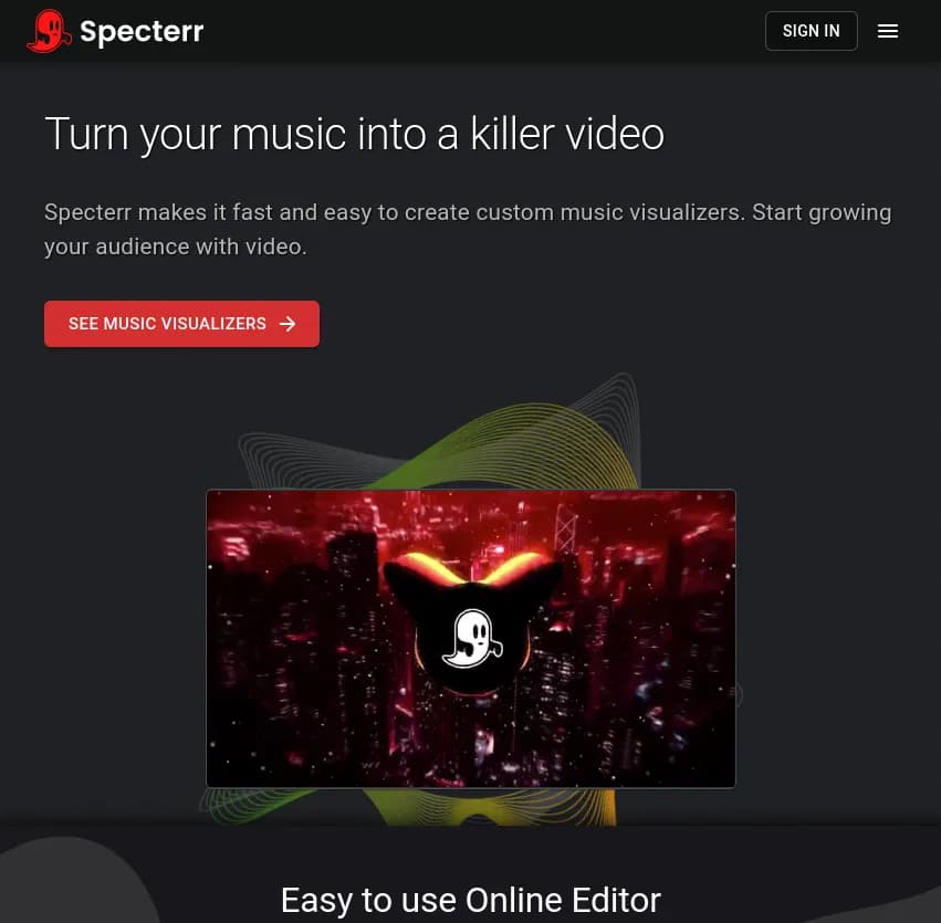 Screenshot of app Specterr : Transformez votre musique en vidéo captivante avec Specterr! Créez facilement des visualisations musicales personnalisées et développez votre audience grâce à des vidéos percutantes.