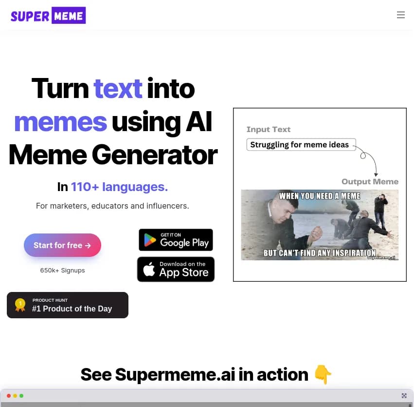 Screenshot of app Super Meme : Créez des mèmes hilarants en un clin d'œil avec Super Meme. Transformez votre texte en mèmes grâce à notre générateur alimenté par IA. Simple, rapide et amusant!
