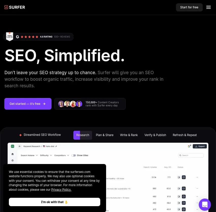 Screenshot of app Surfer : Boost your organic traffic and elevate search rankings with Surfer's simplified SEO workflow. Enhance your visibility effortlessly and take control of your SEO strategy today!