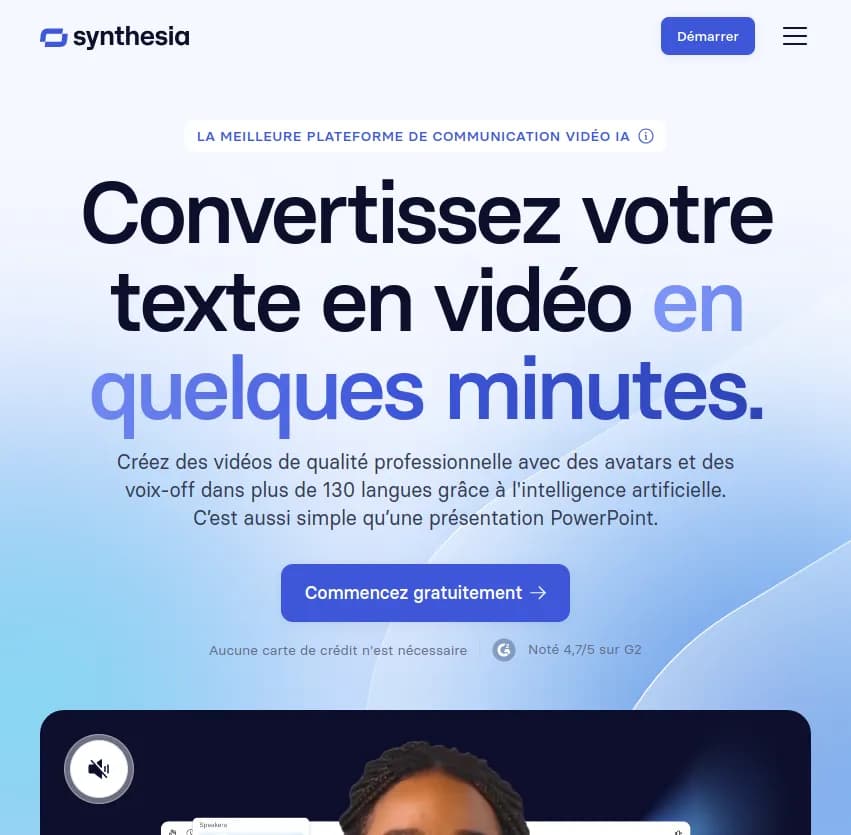 Créez des vidéos de qualité studio en quelques minutes avec Synthesia. Avatars AI et voix off en 130+ langues. Aussi simple qu'une présentation.