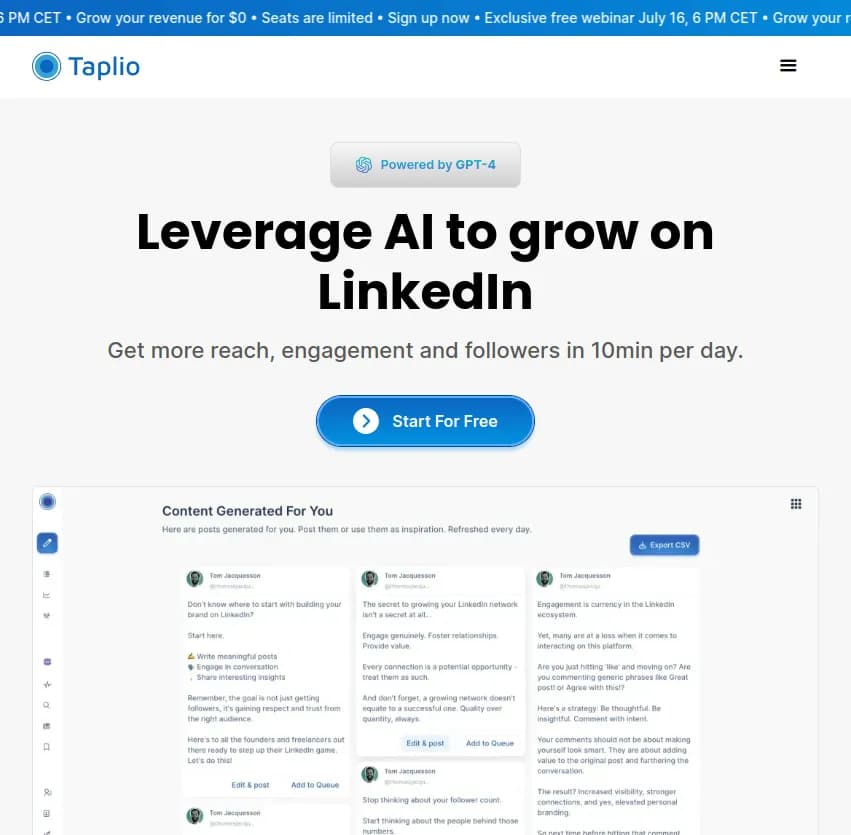 Screenshot of app Taplio : Boostez votre croissance sur LinkedIn avec Taplio! Exploitez l'IA pour augmenter votre portée, votre engagement et vos abonnés en seulement 10 minutes par jour. Transformez votre présence en ligne.