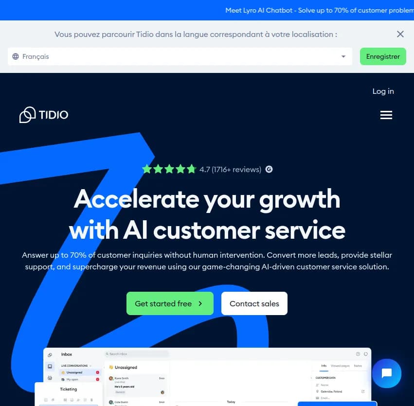 Screenshot of app Tidio AI Lyro Chatbots : Accélérez votre croissance avec Tidio AI Lyro Chatbots. Répondez à 70% des demandes clients sans intervention humaine. Convertissez plus de prospects et boostez vos revenus avec notre solution innovante.