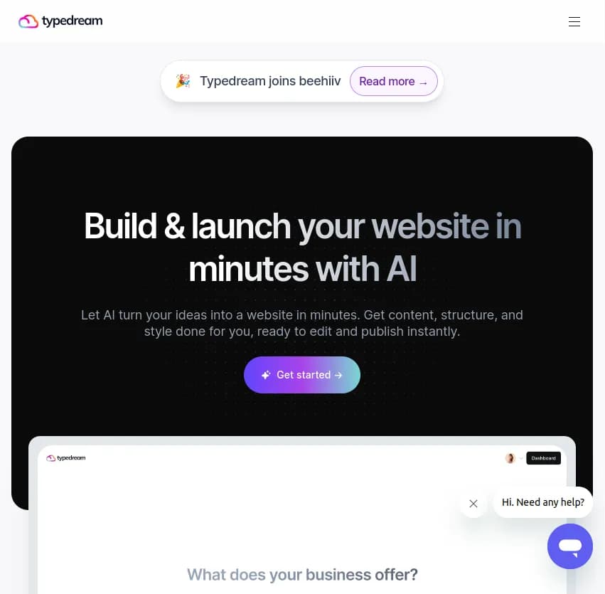 Screenshot of app Type Dream : Créez et lancez votre site web en quelques minutes avec Type Dream. Laissez l'IA transformer vos idées en site, avec contenu, structure et style prêts à être édités et publiés.