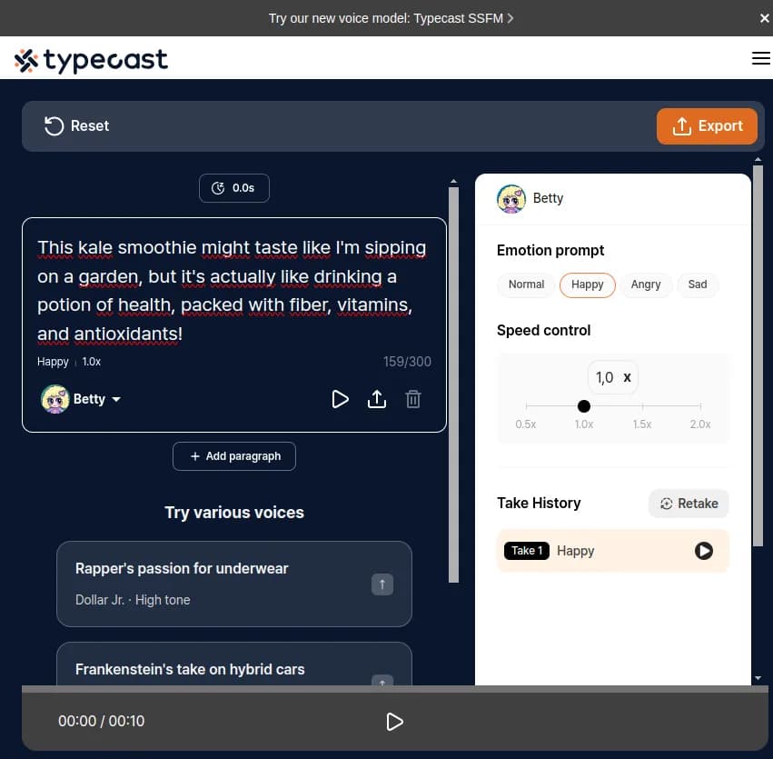 Screenshot of app Typecast : Transformez votre texte en paroles vivantes avec des voix et avatars IA réalistes sur Typecast. Économisez du temps et des coûts de production en évitant les studios de doublage.