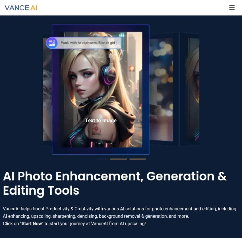 Screenshot of app Vance AI : Boostez votre créativité et productivité avec Vance AI. Découvrez des outils d'amélioration photo, de génération et d'édition par IA, incluant agrandissement, netteté, débruitage et plus encore.