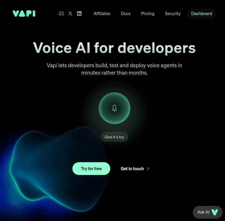 Screenshot of app Vapi AI : Découvrez Vapi, l'application web d'IA pour développeurs, offrant des API performantes pour la reconnaissance et la synthèse vocale.