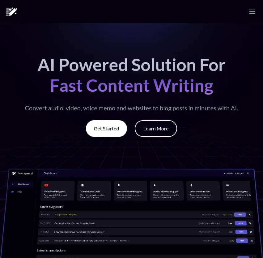 Screenshot of app Voice Pen : Transformez audio, vidéo et mémos vocaux en articles de blog en quelques minutes avec Voice Pen, l'outil IA qui simplifie la rédaction de contenu rapide et efficace.
