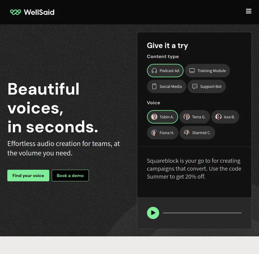 Screenshot of app WellSaid Labs : Découvrez WellSaid Labs, la plateforme #1 de génération de voix IA. Transformez vos textes en voix off en quelques secondes et créez des contenus captivants tout en économisant temps et argent.