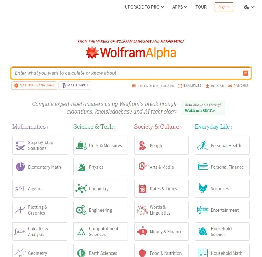 Screenshot of app Wolfram Alpha : Découvrez Wolfram Alpha: l'outil révolutionnaire qui génère des réponses expertes grâce à des algorithmes avancés, une base de connaissances et une IA de pointe.
