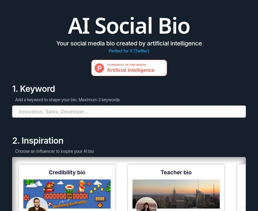 Screenshot of app AI Social Bio : Créez une bio de réseau social percutante en quelques clics avec AI Social Bio. Transformez votre présence en ligne grâce à l'IA 